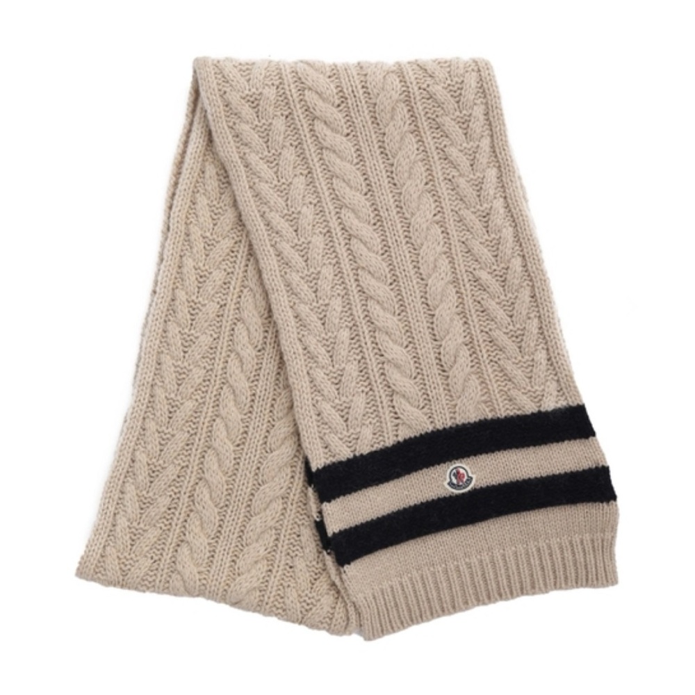 Moncler Scairpa Tricot Tan and Black Cable Knit cashmere blend Scarf - Picture 2 of 14